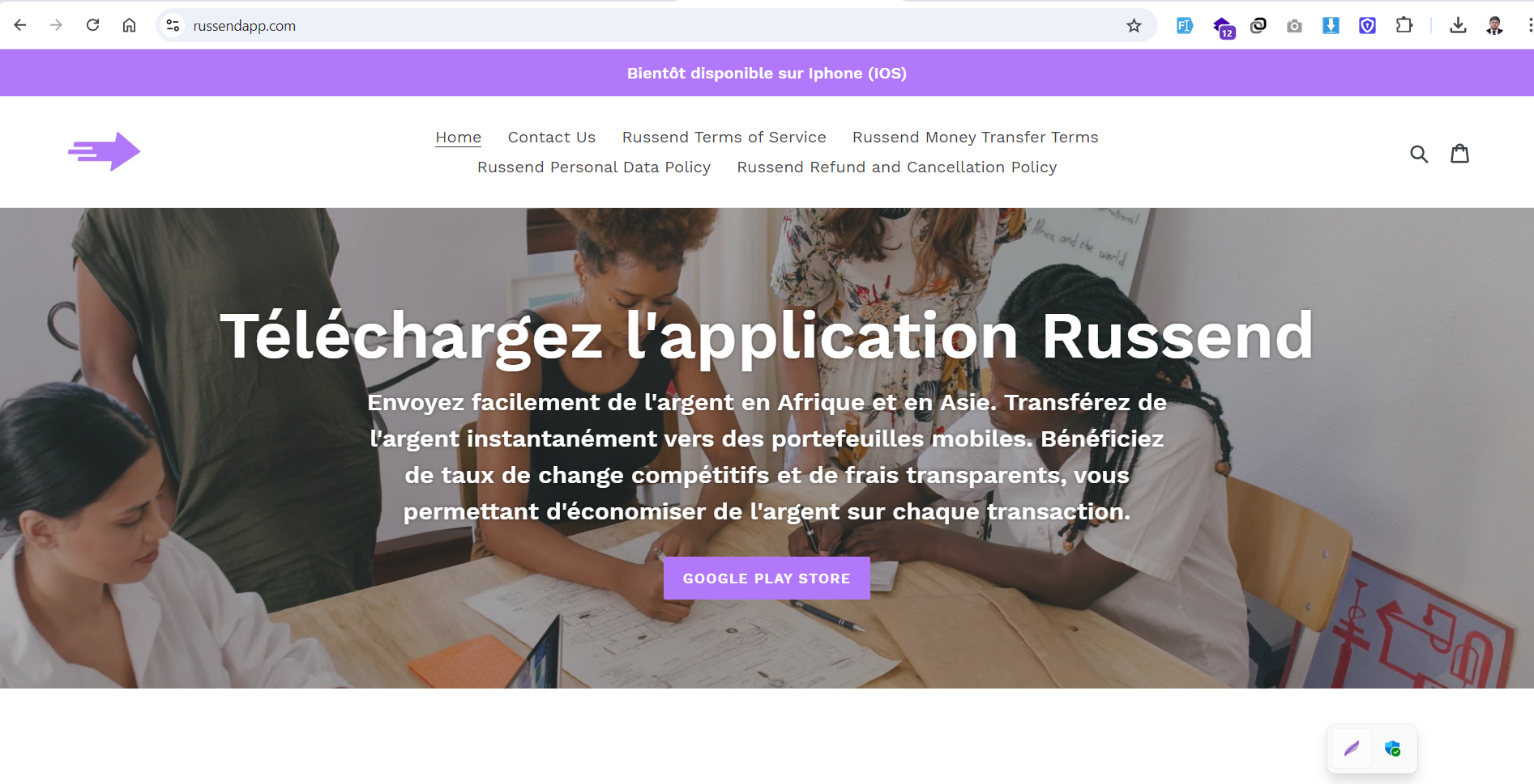Russend marketing site showing the money transfer product