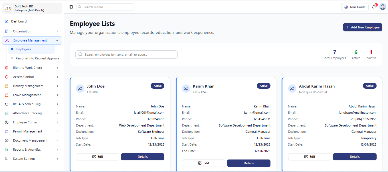 SovoHR employee list with records, departments, designations and active status