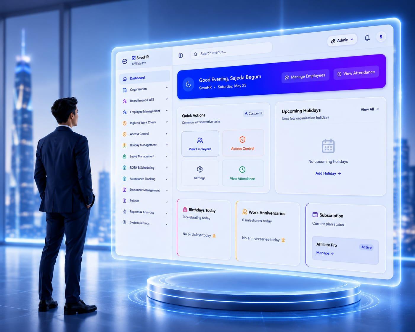 SovoHR organisation dashboard showing quick actions, upcoming holidays and subscription status